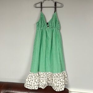 Super Cute Element Sun Dress, Stripes & Flowers, Green, brown, white Lined, Med